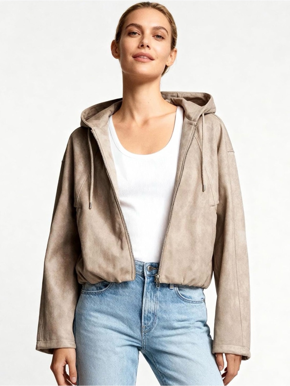 Women's Taupe Hooded Zip-Front Jacket